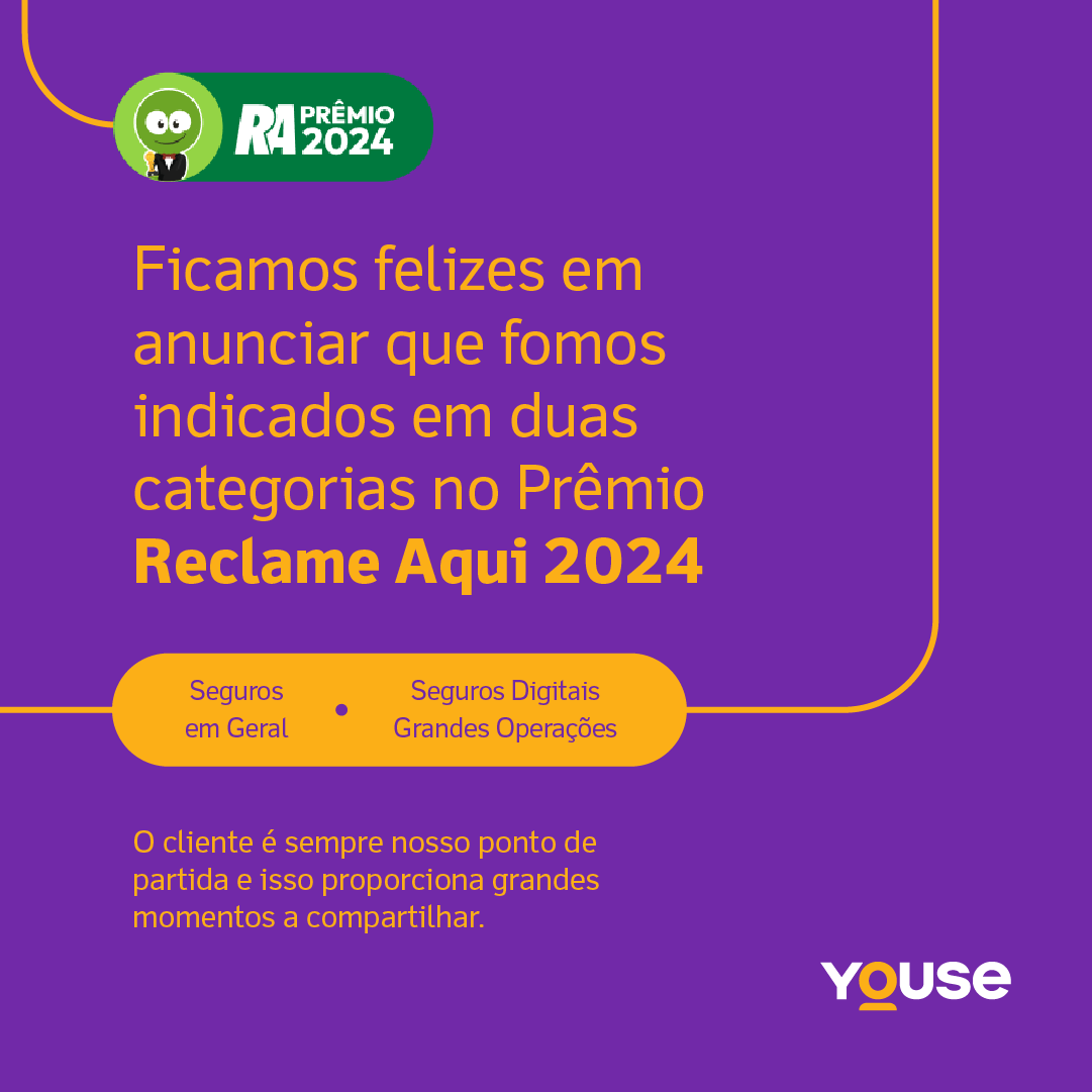Fomos indicados em duas categorias no Prêmio Reclame AQUI - Seguros Gerais e Seguros Digitais Grandes Operações - mostrando que estamos no caminho certo. Oferecer a melhor experiência é nosso maior prêmio e queremos mostrar os benefícios do seguro para mais e mais pessoas. 💜