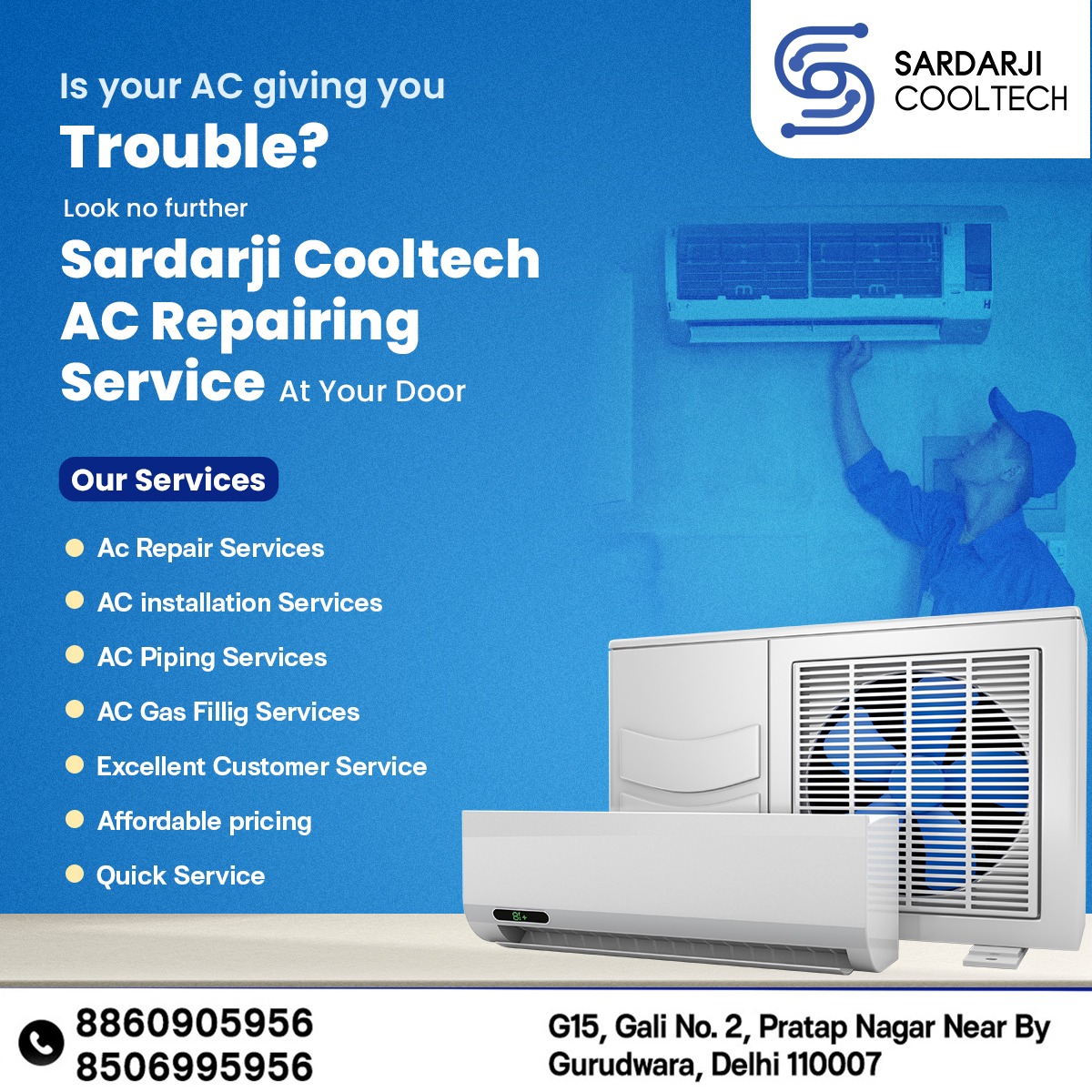 SCooltech's tweet image. Is your AC giving you trouble? Look no further! Sardar Ji Cool Tech AC Repair Service has got you covered. Stay cool and comfortable with our expert solutions! ❄️🔧
.
Contact us today! ❄️🔧
.
.
🔖Call Now For More Information 🔖
📞 +91 88609 05956
.
.
.
#SardarJiCool #ACRepair