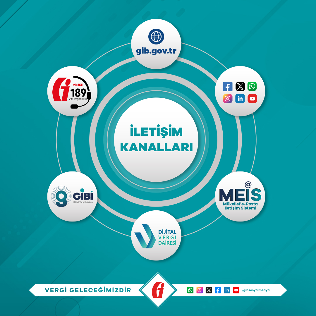 gibsosyalmedya's tweet image. İnternet sayfamız (gib.gov.tr), sosyal medya hesaplarımız, Dijital Vergi Dairesi, Mükellef e-Posta İletişim Sistemi #MEİS, Dijital Vergi Asistanı #GİBİ ve Vergi İletişim Merkezi'miz (189) ile her zaman yanınızdayız.

#GİB #VergiGeleceğimizdir