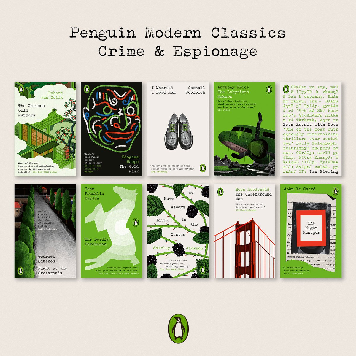 Coverfeel's tweet image. 10 เล่มล่าสุดที่นำมาจัดชุด Penguin Modern Classics – Crime &amp;amp; Espionage 

เซตนี้หลักๆ ออกแบบโดย Matt Young เล่นสีหลัก ขาว ดำ เขียว ซึ่งสีเขียวเป็นสีที่เพนกวินแยกให้เป็นหมวดนิยายอาชญากรรม และคารวะต่อ Romek Marber ผู้ออกแบบปกนิยายอาชญากรรมยุคใหม่ในปี 1961