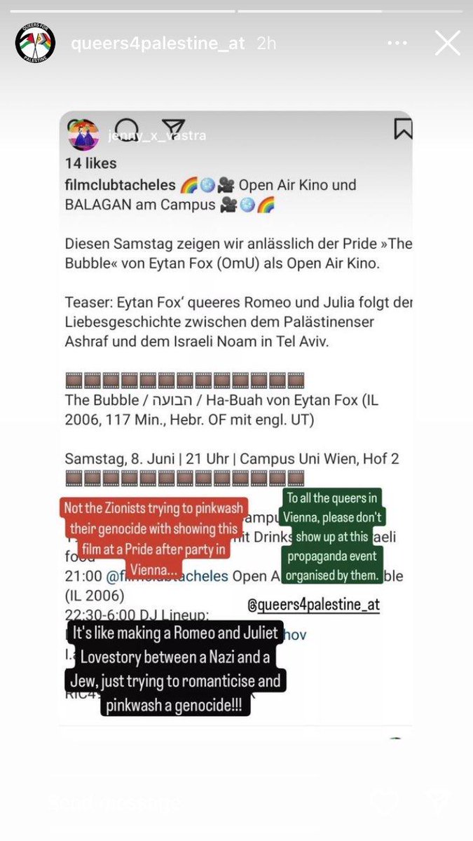 joehwien's tweet image. Kaum zu Glauben: Queers4palestine vergleichen die homosexuelle Liebesgeschichte zwischen einem Israeli und einem Palästinenser im Film THE BUBBLE mit der Shoah. Der Film zeigt eine friedliche Perspektive für die tragische Lebensrealität in Israel/Palästina.