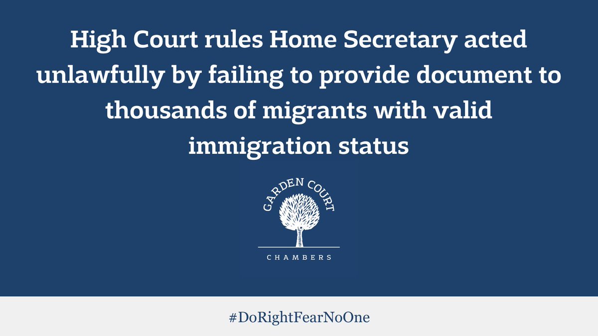 📣 LANDMARK RULING: High Court rules Home Secretary acted unlawfully by failing to provide document to 1000s of migrants with valid immigration status 📣

Stephanie Harrison KC of GCC &amp; Shu Shin Luh of DSC represented RAMFEL &amp; Ms Adjei.

Read on here 🔽
gardencourtchambers.co.uk/news/high-cour…