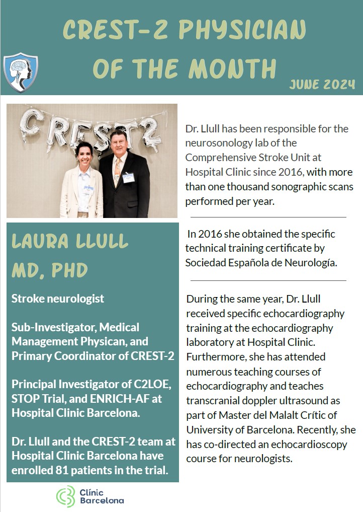 CREST-2 Stroke Study (@crest2_study) on Twitter photo Congratulations to Laura Llull (<a href="/Laura_Llull84/">Laura Llull</a>) at Hospital Clínic Barcelona (@HospitalClinic) for being CREST-2's June Physician of the Month! 🏆🎉
#CarotidStenosis #Stroke #Research Congratulations to Laura Llull (<a href="/Laura_Llull84/">Laura Llull</a>) at Hospital Clínic Barcelona (@HospitalClinic) for being CREST-2's June Physician of the Month! 🏆🎉
#CarotidStenosis #Stroke #Research