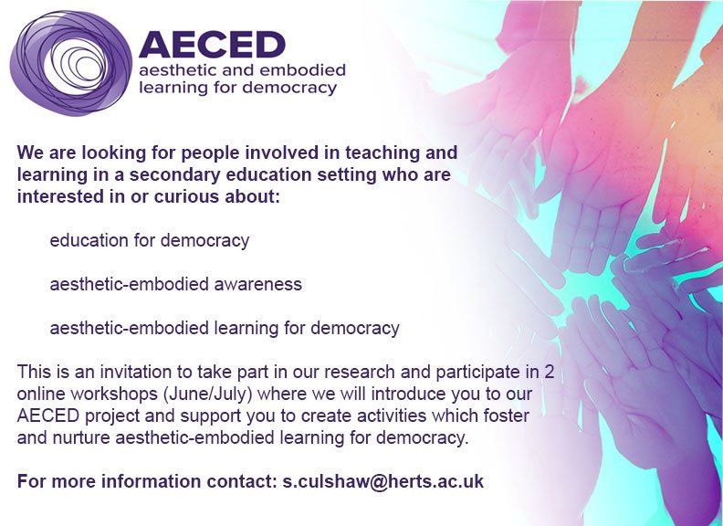 If you work in a *secondary* setting anywhere in UK &amp; would like to take part in 2 online collaborative workshops* to explore aesthetic-embodied approaches to learning for democracy (&amp; then trial ideas in your context) get in touch! 

*Workshops in June &amp; July! 

Please share!