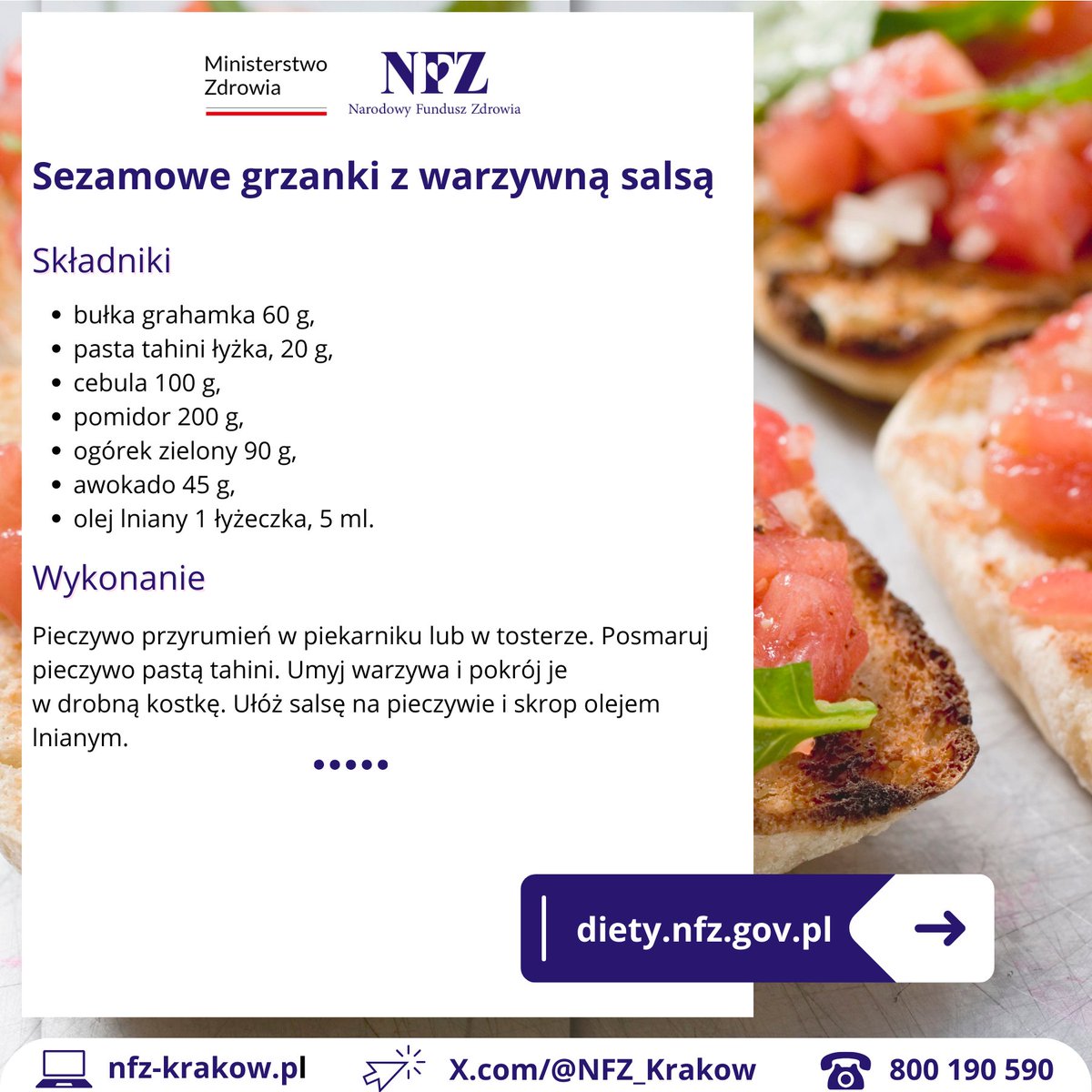 NFZ_Krakow's tweet photo. Pasta tahini jest smaczna, #zdrowa i bardzo uniwersalna.
Lubicie?
Można ją wykorzystać np. w roli masła na przyrumienionym pieczywie. 😋
Spróbujcie naszą śniadaniową propozycję z https://t.co/h8Ipxdx4aq - sezamowe grzanki z warzywną salsą.
👇 Porcja to 450 kcal.
@NFZ_GOV_PL https://t.co/eDLFkcCeAP