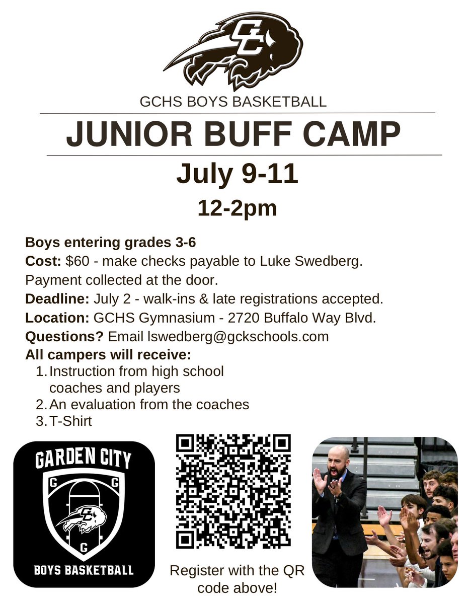 GCHSmensbball's tweet photo. Registration is open for Junior Buff Boys Basketball Camp! https://t.co/2WFZhjqx1W
