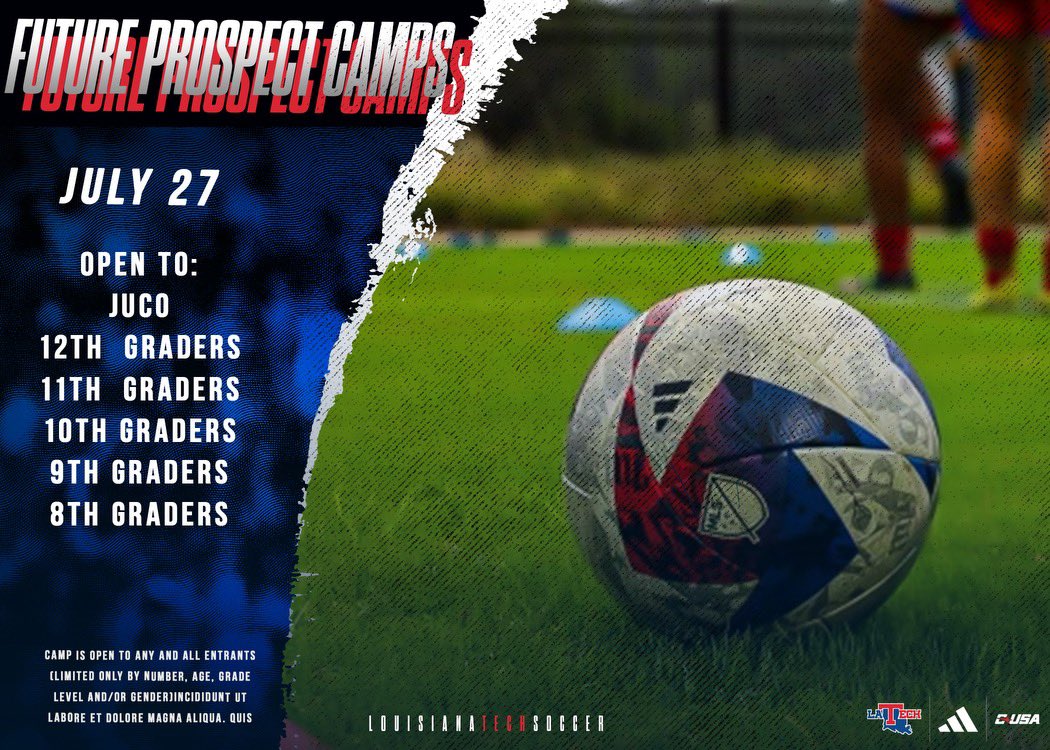 coach__stevo's tweet photo. Just 50 days left before we welcome some talented ballers to campus. Train win with our staff, meet our team and get a behind the scenes look @LATechSOC 🔵⚽️🔴
Sign up before it’s too late! Go 🐶!
https://t.co/aGuFbQro5Z https://t.co/WOAaPWyhjW