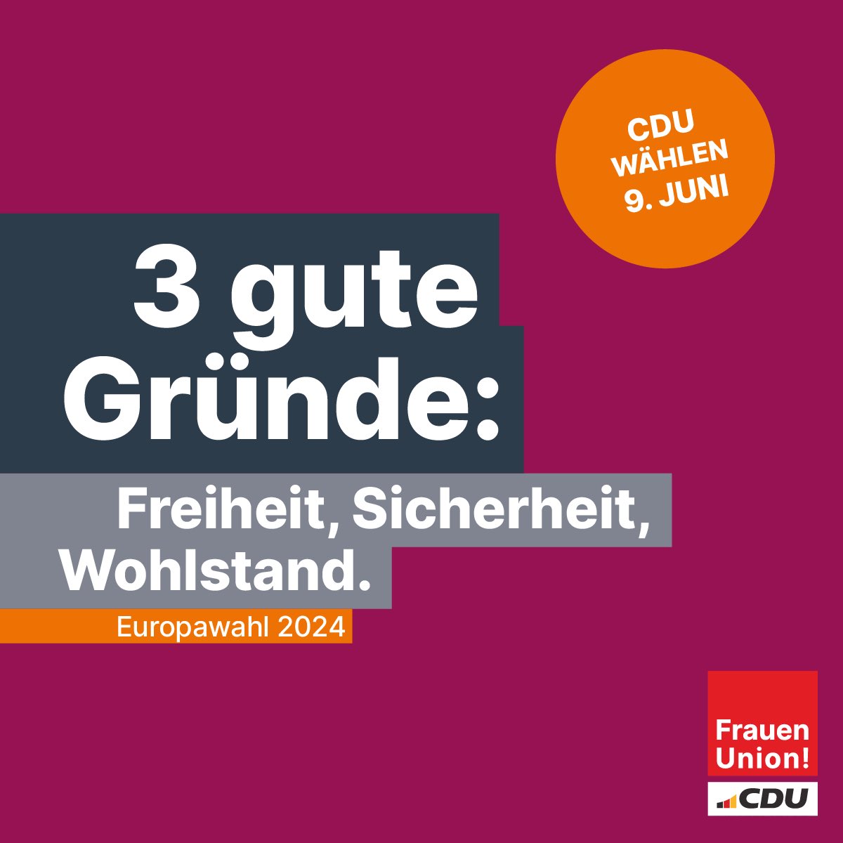 Es geht um Europas Zukunft. Es geht um unsere Art zu leben. Es geht darum die Freiheit zu verteidigen. Die Demokratie gegen die Feinde von innen und außen zu schützen. Die gemeinsame Sicherheit in Europa zu stärken und den Wohlstand zu erhalten. Deshalb: Am 9. Juni CDU wählen!