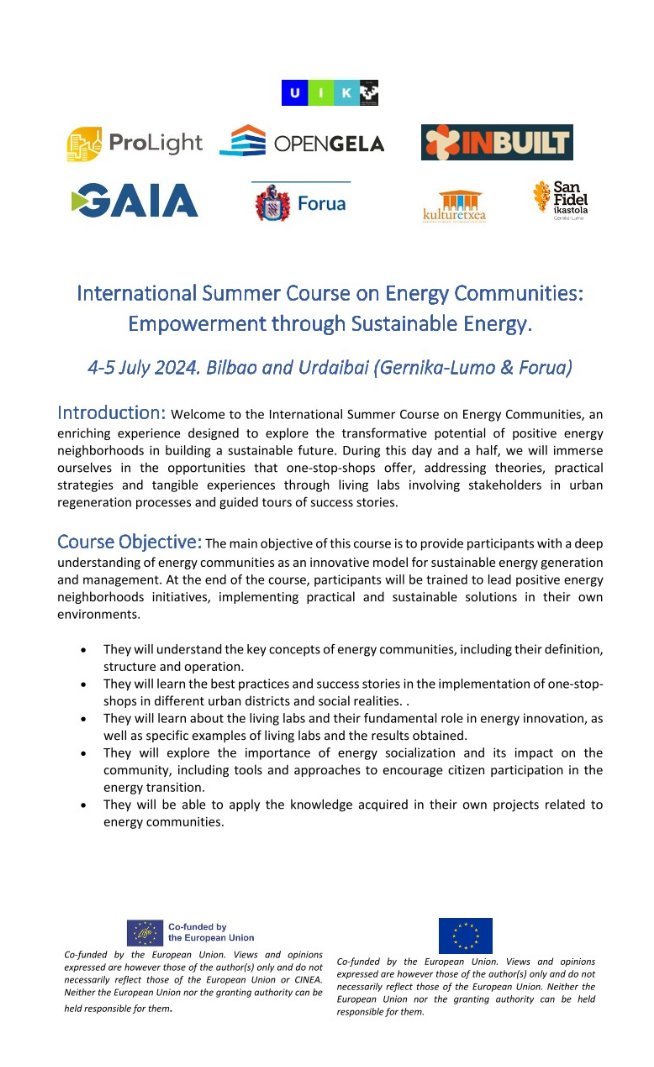 Our colleagues from <a href="/ClusterGaia/">Cluster Gaia</a> 🇪🇸 are organising an International Summer Course "#EnergyCommunities: Empowerment through #Sustainable #Energy" on
📅 4-5.07.2024
🔗/www.uik.eus/es/curso/curso-internacional-verano-comunidades-energeticas-empoderamiento-traves-energia-sostenible