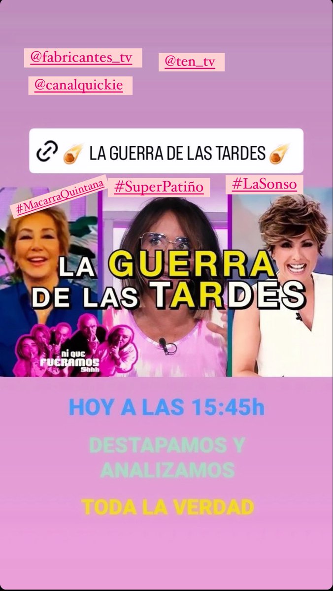 TPJ_89's tweet photo. La Súper Producción “La Guerra de las Tardes” protagonizado por #MacarraQuintana #SuperPatiño #Lasonso esta tarde todo en @TENtv @CanalQuickie @fabricantestv 
@anarosaq @maria_patino @sonsolesonega #niquefueramoshhh https://t.co/3YJy5pi7jO