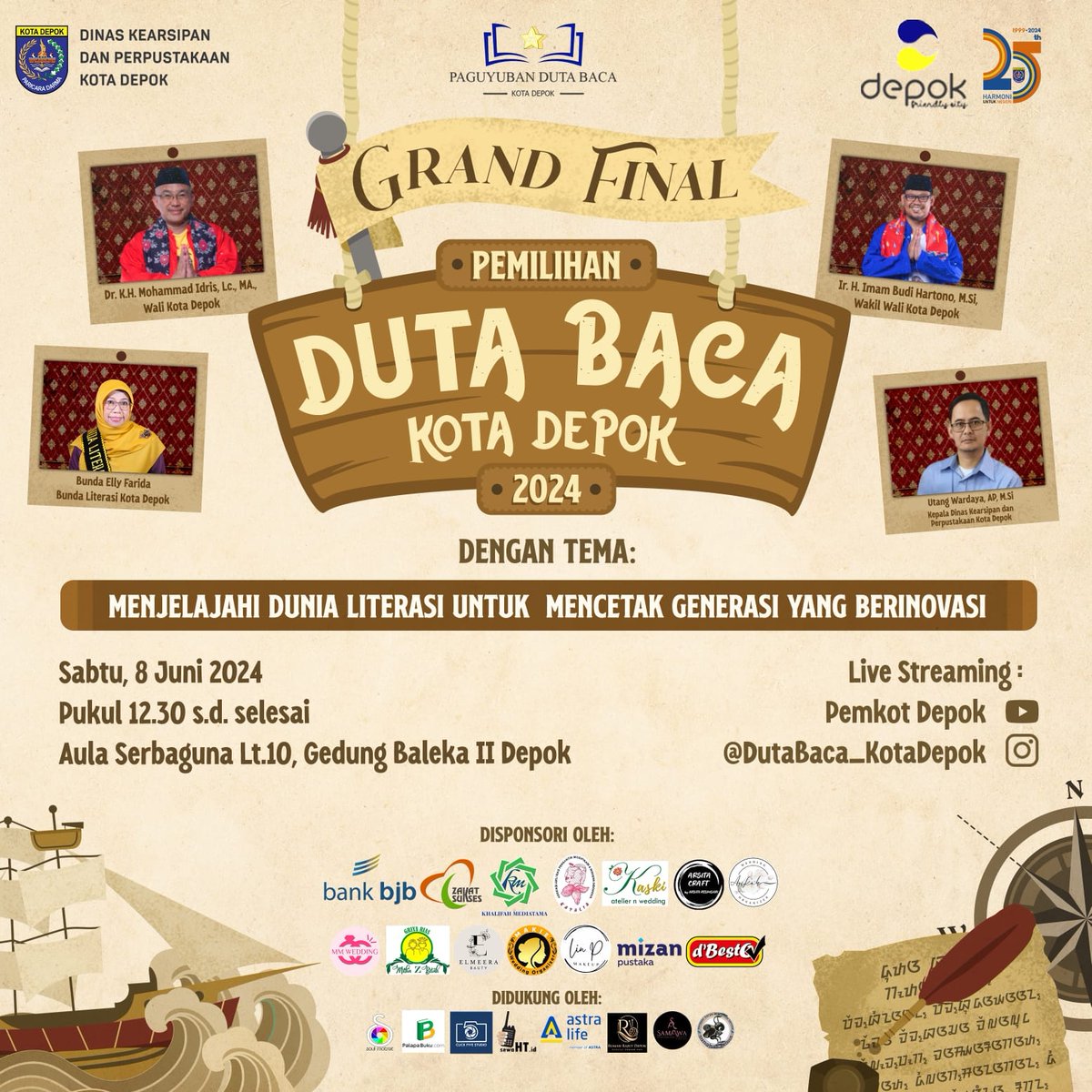 Tak terasa kita sudah sampai di puncak acara Pemilihan Duta Baca Kota Depok 2024 🥳
Pastikan Sobat Literasi tidak melewati seluruh rangkaian acara pada Grand Final Pemilihan Duta Baca Kota Depok 2024🥰

Live streaming
Youtube: Pemkot Depok
IG: dutabaca_kotadepok