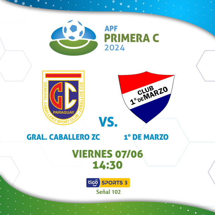 #APFPrimeraC

⬆️El puntero General Caballero de Zeballos Cue suma 12 puntos y se enfrenta a 1º de Marzo, cuarto con 8 unidades.

🗓️Es el partido que abre la sexta fecha del torneo y comienza a las 14:30 en el estadio Ricardo Gregor, por Tigo Sports 3.