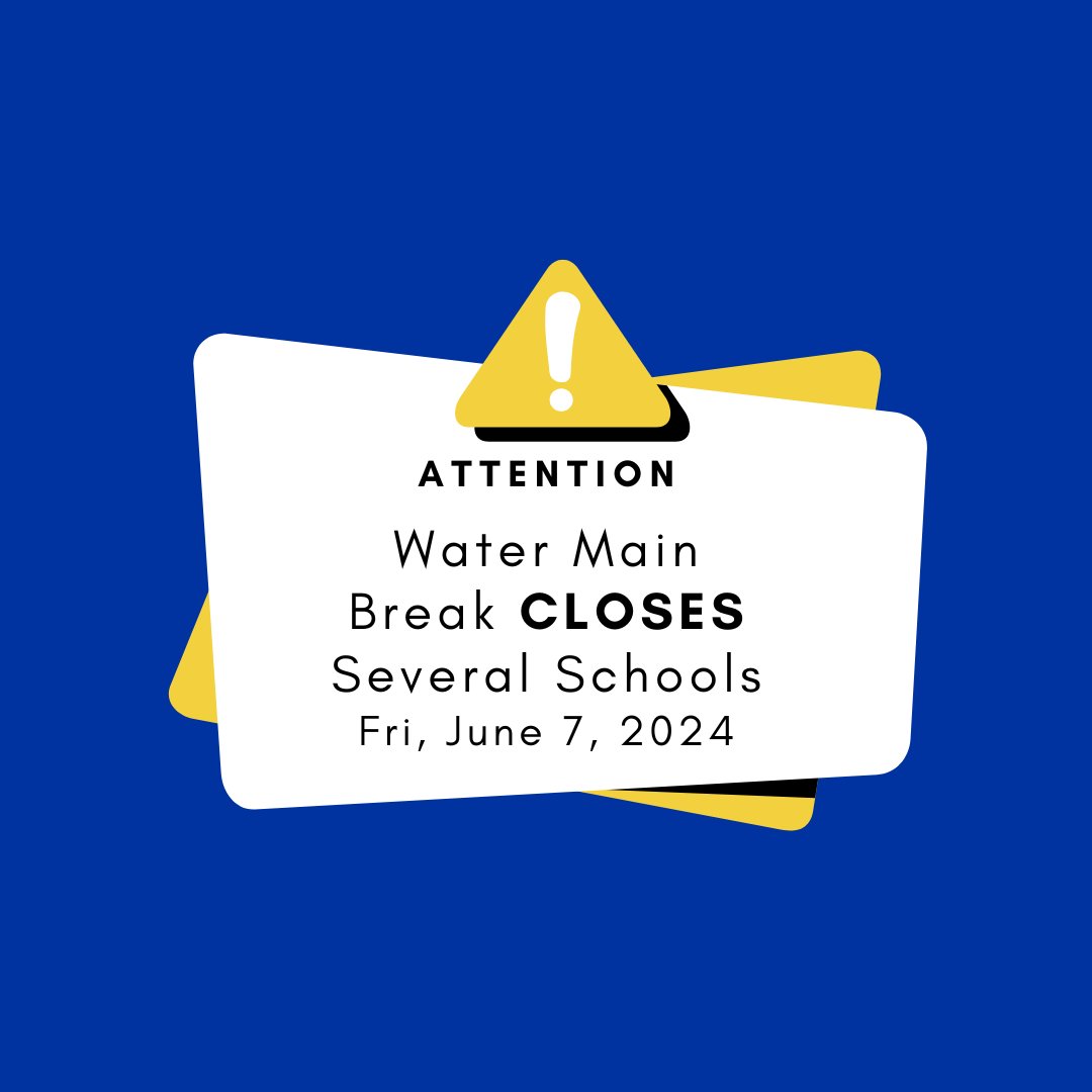 APSVirginia's tweet image. 🚨 APS Alert: Several Schools CLOSED today, June 7, 2024, due to a water main break: Abingdon, ACC, Barcroft, Claremont, Fleet, Hoffman-Boston, MPSA, Randolph, Wakefield. All other APS schools are open. Updates: l8r.it/MOXm