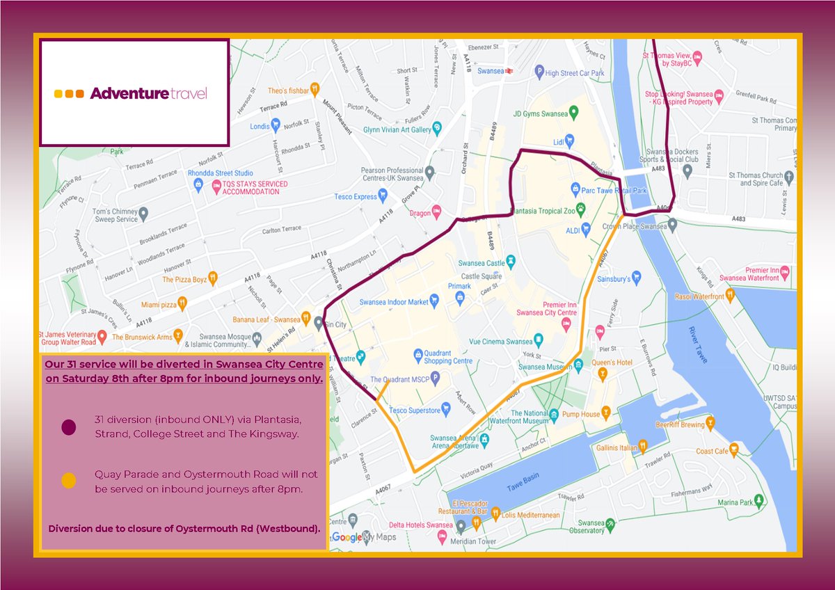 AdvTravelBus's tweet image. Diversion: Our 31 service will be diverted in Swansea on Saturday 8th June after 20:00 for inbound journeys only due to the Swansea Half Marathon.

Quay Parade and Oystermouth Rd will not be served on inbound journeys after 20:00. Please see the map below for details.