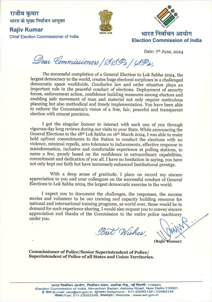 CEC Rajiv Kumar writes to all DEOs/ROs &amp; CPs/SPs, expressing deep appreciation for their exemplary performance &amp; leadership in conduct of #GE2024.
Conveys appreciation to entire  election machinery under them for making this biggest democratic exercise a resounding success.