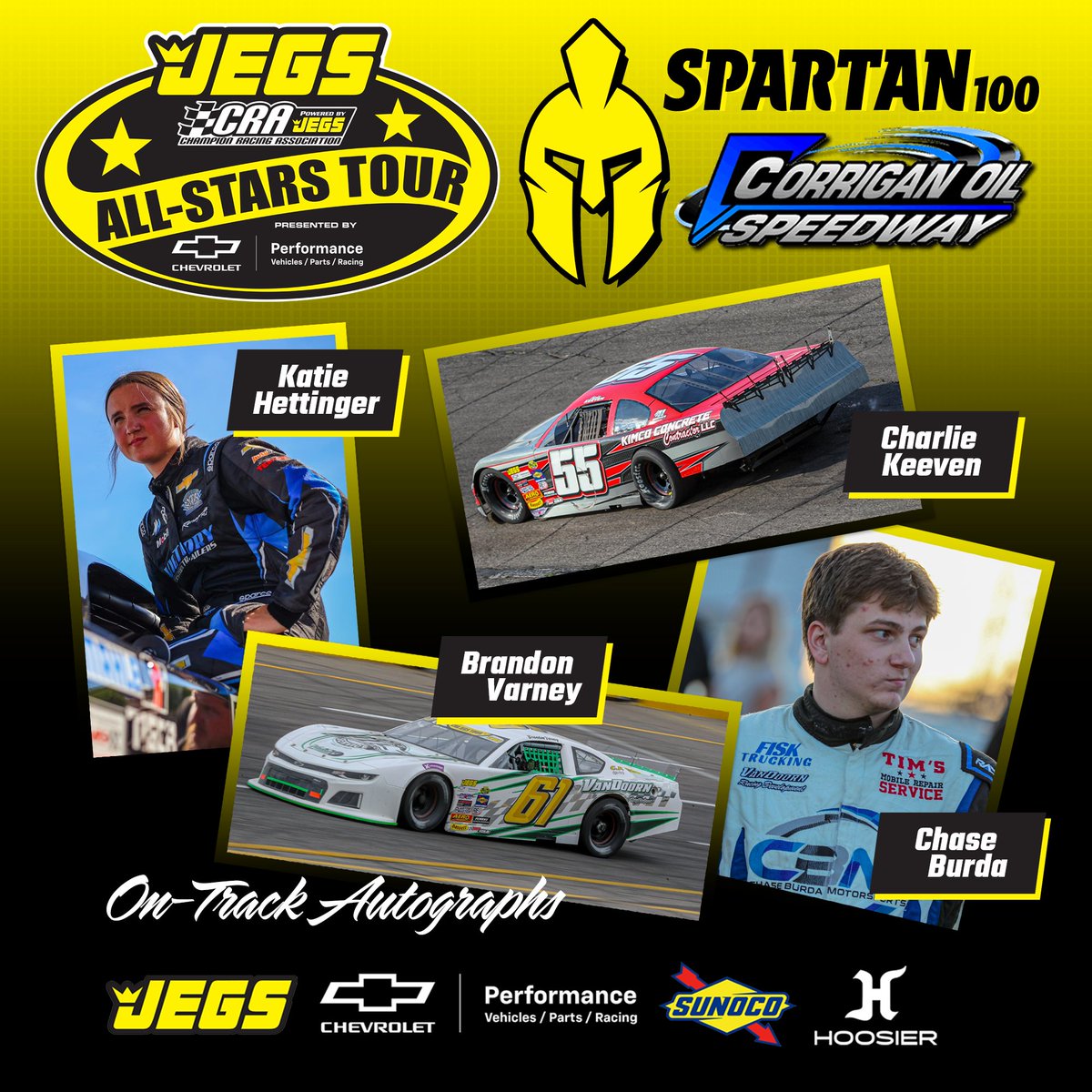 🤳SELFIE TIME

Not only will you have a chance to get your favorite driver's autograph on Sunday, but you can also get your picture taken in the official JEGS Tour Victory Lane 🏁

#CRARacing | Sunday, 5pm at Corrigan Oil Speedway