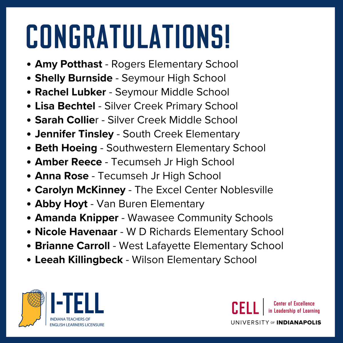 CELLuindy's tweet photo. Congratulations to these additional teachers who completed coursework through CELL’s #ITELL initiative to earn ENL licensure and become teachers of record for English learners! Learn more at https://t.co/KSnbPfyxzO
@EducateIN @MCCSC_EDU @SchoolSeymour @SCSC_Super @FTCSC @SWShelbySpartan @LSClafayette @TheExcelCenter @PCSCQuakers @bcscschools @WawaseeSupt @wlcscrdp @SouthBendCSC