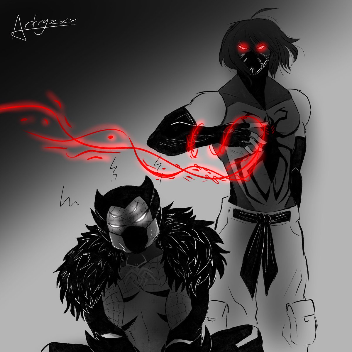 artryzxx's tweet photo. Two sides of BloodBane❤️💜

A strong intimidating duo ⚔️

But also just two eepy cuddle bugs🥰💕
@KosmikNova 
#spidersona #spidervers https://t.co/0cBuUPI3o0