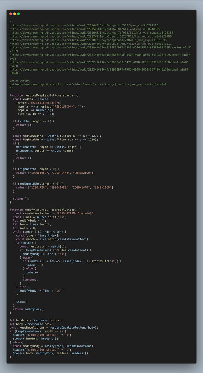 launchctl1's tweet image. 观看WWDC 视频时

明明网络很好,但总是会自动切换到低码率,然后画面糊的一批.
查看相关域名解析也是解析到当地的.

然后想起#surge的脚本功能,立马写了个脚本将低码率的直接删了

github.com/0x1306a94/prox…