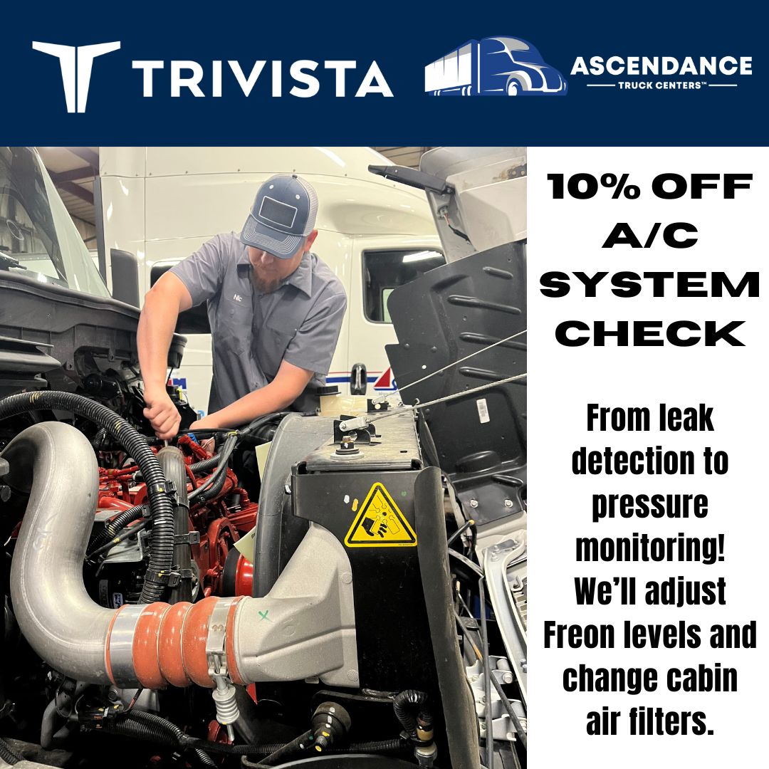 AscendanceTRIV's tweet image. Enjoy 10% savings on an A/C system check during the month of June! Schedule your service at any Ascendance Truck Centers location. (formerly Trivista) Freon up to 1.0#. Air filters extra. Offer expires June 30, 2024. 🔶

trivistacompanies.com/service-reques…

#TrustAscendance
#ACSystem
#Freon