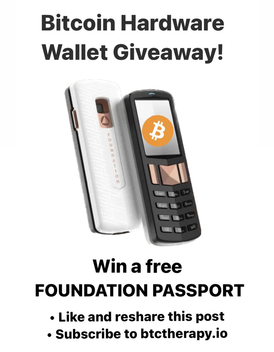 TheBTCTherapist's tweet image. 🎁 GIVEAWAY! 🎁

We're giving away a FREE #Bitcoin hardware device from @FOUNDATIONdvcs to ONE lucky winner!

Passport’s retail value: $199 USD

How to win:

- Like and Repost this giveaway
- Subscribe to Bitcoin Therapy (link in bio)

Ends: 6/9/24 at 6:00 pm EST