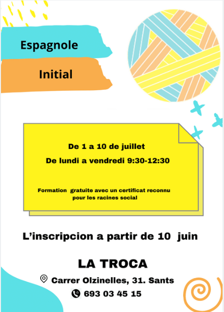 Aquest juliol fem un curs intensiu de castellà inicial. 
🗓️De l'1 al 19 de juliol. 
⏰De 9:30 a 12:30 hores.
⭐️Podeu demanar cita per inscriure-us a partir de dilluns 10 de juny, passant per La Troca o ☎️ 693034515