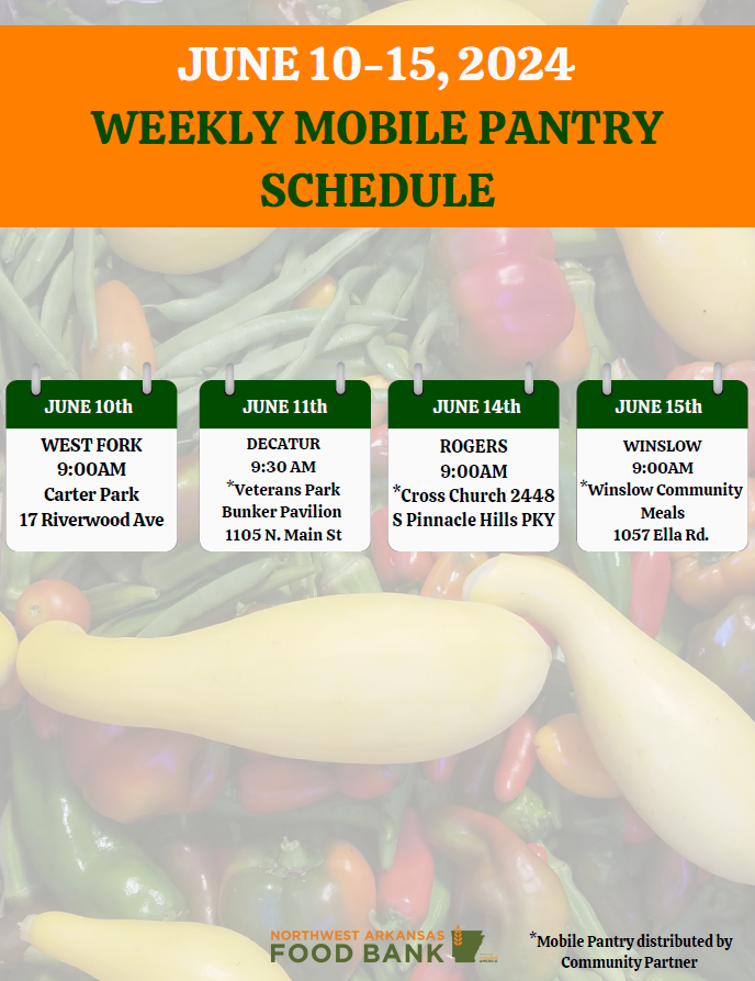JUNE MOBILE PANTRY UPDATE

⚠️ Attention: For the month of June, we will be posting the Mobile Pantry schedule weekly. This is a temporary change to the schedule posts. 

We ask that you visit one Mobile Pantry per month. There are no income or residency requirements.