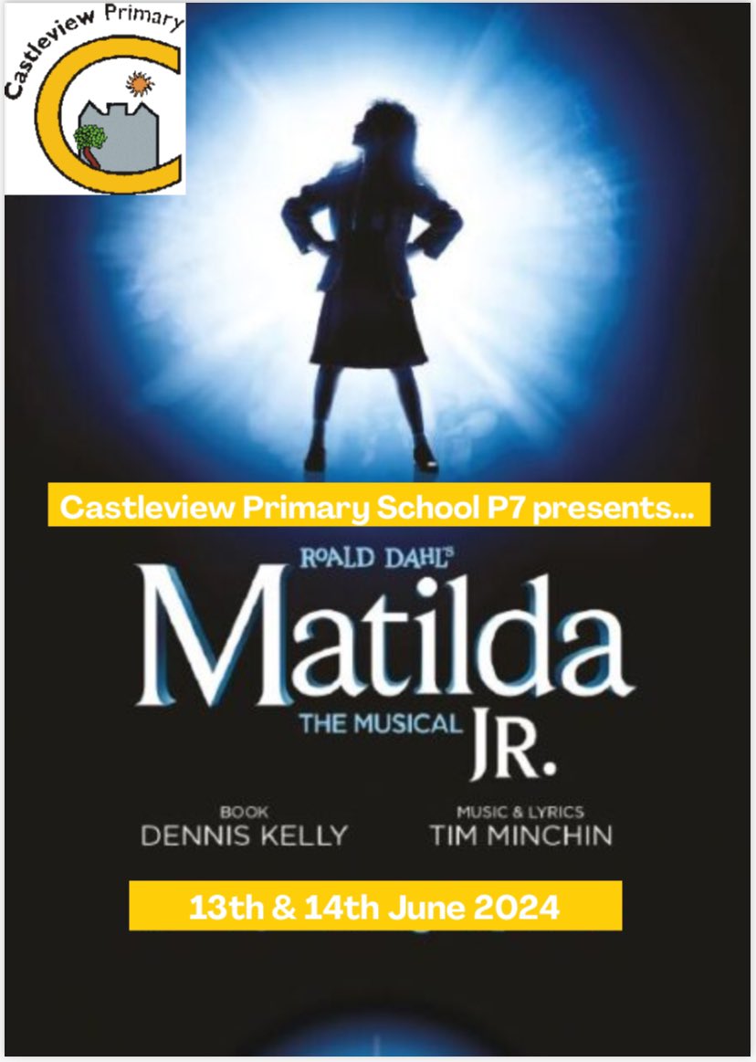 Castleview family and friends, you are invited to our P7 Senior Show of Matilda! Tickets are free and can be collected at the school office. We would love to see you there! 📚 🎀 💛💜 @Castleview_PS
