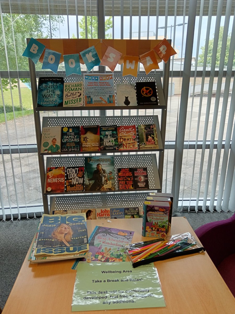 CECLibrary's tweet image. Take time to relax and check out the new edition to our wellbeing area in the Health Library ... #wellbeing #bookswap #leisurereading