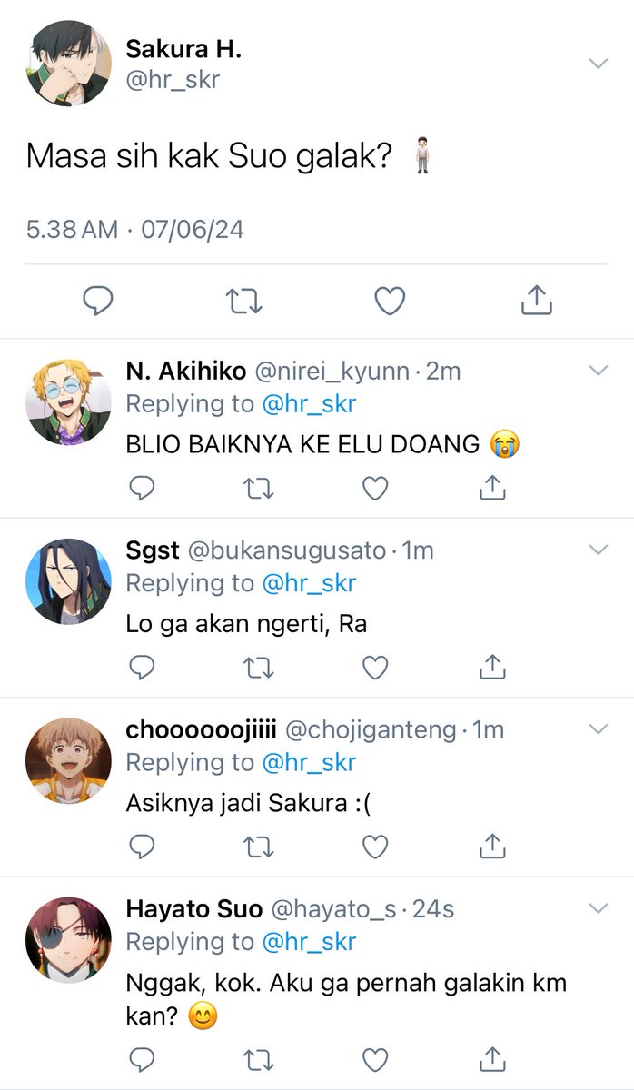 unreanistic's tweet image. A #SUOSAKU AU:

— Devil in Disguise

Kak Suo itu wakil ketua OSIS yang terkenal galak banget se-Furin. Ketahuan melanggar aturan, siap-siap dihukum sama kak Suo.

Kalo kata kak Ume, Suo itu iblisnya Furin. Tapi bisa berubah jadi malaikat kalo sama Sakura aja.
