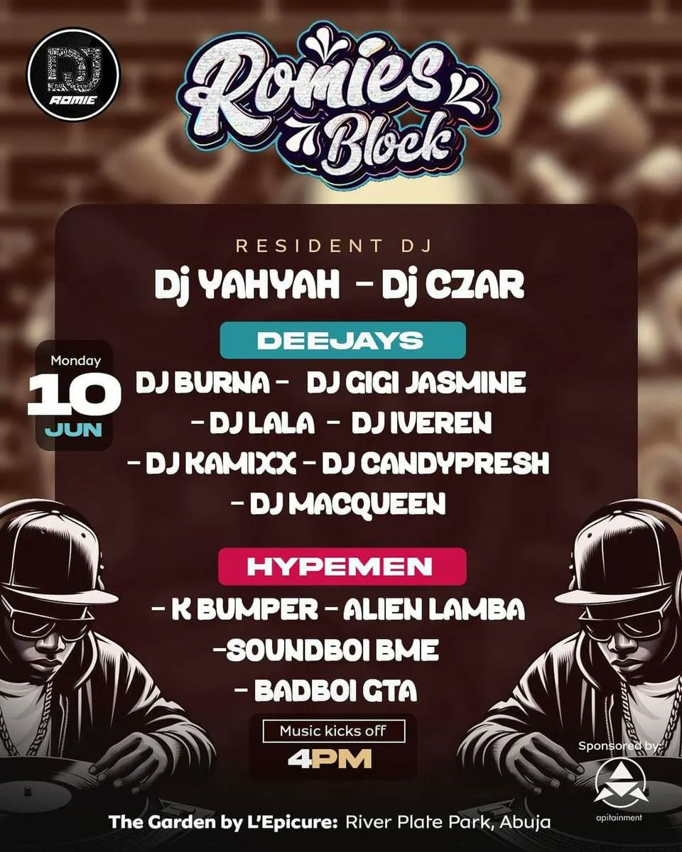 A promise of another great Monday with good vibes.

Great Energy!

Come catch the groove and vibes with us every Monday

Venue: The Garden by L’Epicure: River Plate Park, Wuse Il Abuja
Time: 4:00PM

For reservations: 07066385418

Powered by <a href="/apitainment/">APITAINMENT</a>
Host DJ: <a href="/djromiesam/">DJROMIESAM</a>