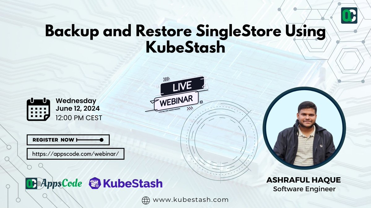 KubeStash's tweet photo. We have a new webinar coming up. The webinar is titled "Backup and Restore SingleStore Using KubeStash".
Date &amp; Time: June 12, 2024, 12:00 PM CEST
Register here: https://t.co/aod6zcdJ82

#KubeStash #kubernetesbackuprestore #SingleStoreBackupRestore https://t.co/vh17Q9JIDg