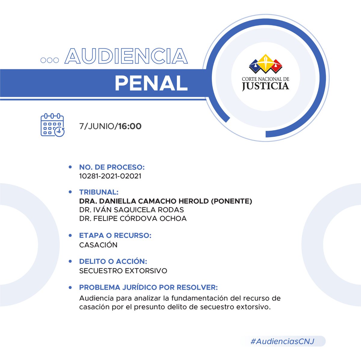 🔵#SalaPenalCNJ | Audiencia para analizar la fundamentación del recurso de casación por el presunto delito de secuestro extorsivo.
#AudienciasCNJ
💻 Sigue la audiencia aquí funcionjudicial-gob-ec.zoom.us/j/84484665906