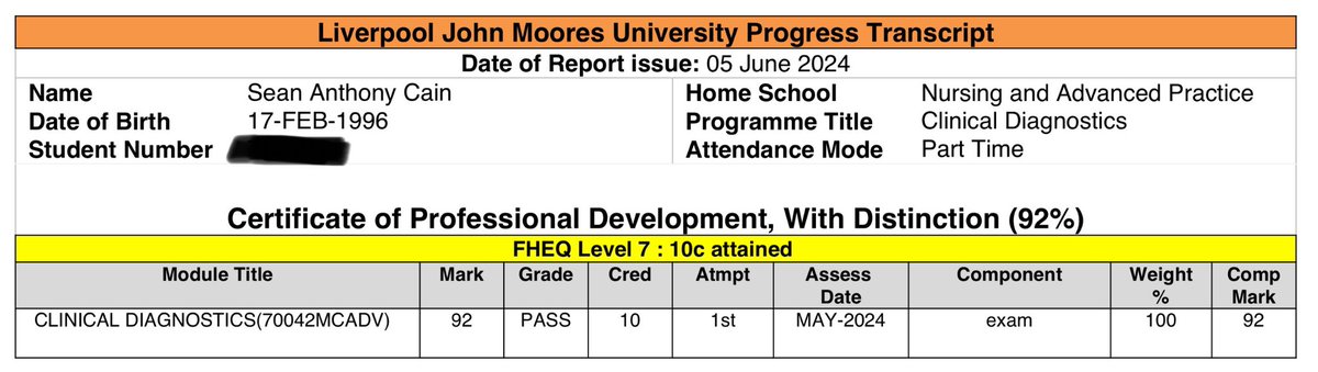 TheSeanACain's tweet photo. So proud of myself. On top of my PGCert in critical care nursing, I had undertaken a CPD module in clinical diagnostics that I have now officially completed with distinction (92%). A couple of months to go and I should have my PGCert complete too. Feeling good about the future ❤️ https://t.co/cjkMvHtFLw
