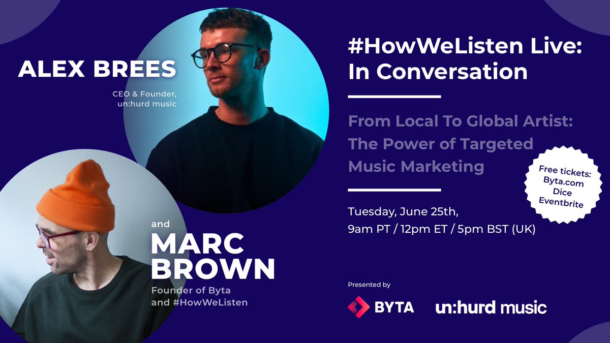 Byta / byta.com (@bytaltd) on Twitter photo Announcing the next #HowWeListen Live: In Conversation, with guest Alex Brees (CEO & Founder -
<a href="/unhurdmusic/">un:hurd music</a>)! 💡
Join us on June 25th. Sign up free: byta.com/blog/howwelist…
A free workshop and interview for artists & their teams:
*The Power of Targeting Music Marketing* 🚀 🎶 Announcing the next #HowWeListen Live: In Conversation, with guest Alex Brees (CEO & Founder -
<a href="/unhurdmusic/">un:hurd music</a>)! 💡
Join us on June 25th. Sign up free: byta.com/blog/howwelist…
A free workshop and interview for artists & their teams:
*The Power of Targeting Music Marketing* 🚀 🎶