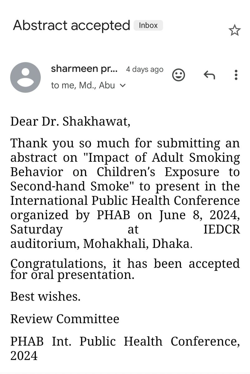 shrana7948's tweet photo. Excited to share that two abstracts from my tobacco-related projects have been accepted to present in an International Public Health Conference, 2024! 
One for oral, one for poster - double the opportunity to spread awareness. Proud to represent @arkfoundation1 at this event. https://t.co/4iUbHjXfxu
