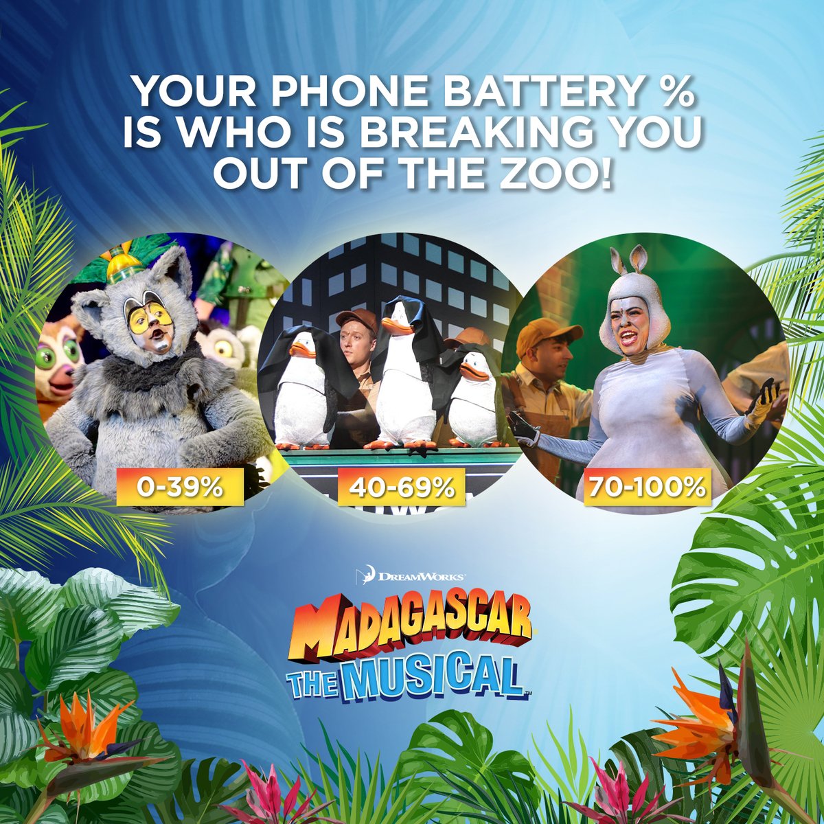 Who's breaking you out of the Zoo?! 🤣

'Madagascar - The Musical' will be crack-a-lackin’! 🦁🦓🦛🦒

📅 Wed 10 – Sat 13 Jul
ℹ Accessible perfs and family tickets available
🎟 shorturl.at/sJ8w4
🎭 <a href="/madUKtour/">Madagascar The Musical</a>