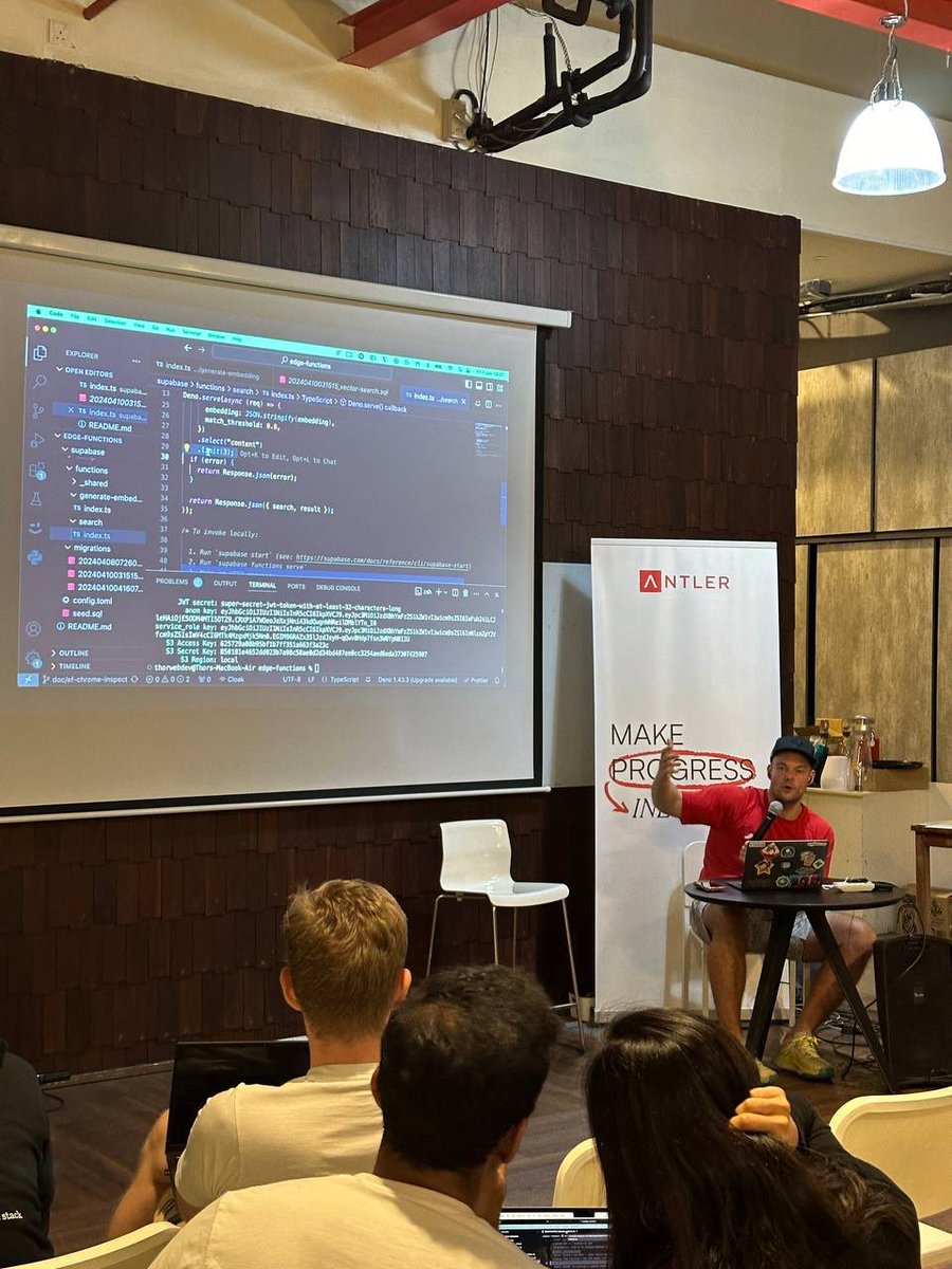 thorwebdev's tweet image. Awesome meeting some @supabase users at @the_builderclub #AI Hackathon in Singapore tonight and teaching folks about #inference in Edge Functions and managing #embeddings in #pgvector 🙌

Thanks @gabrielchua_ and @yoeven for organising and @AntlerGlobal for hosting 🫶