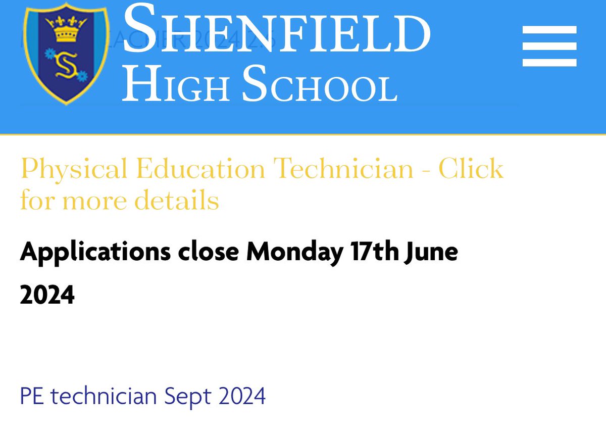 🚨 JOB OPPORTUNITY! There is an exciting  opportunity to work within our outstanding PE department as our PE technician. Please see the link for the job description shenfield.essex.sch.uk/assets/Vacanci…