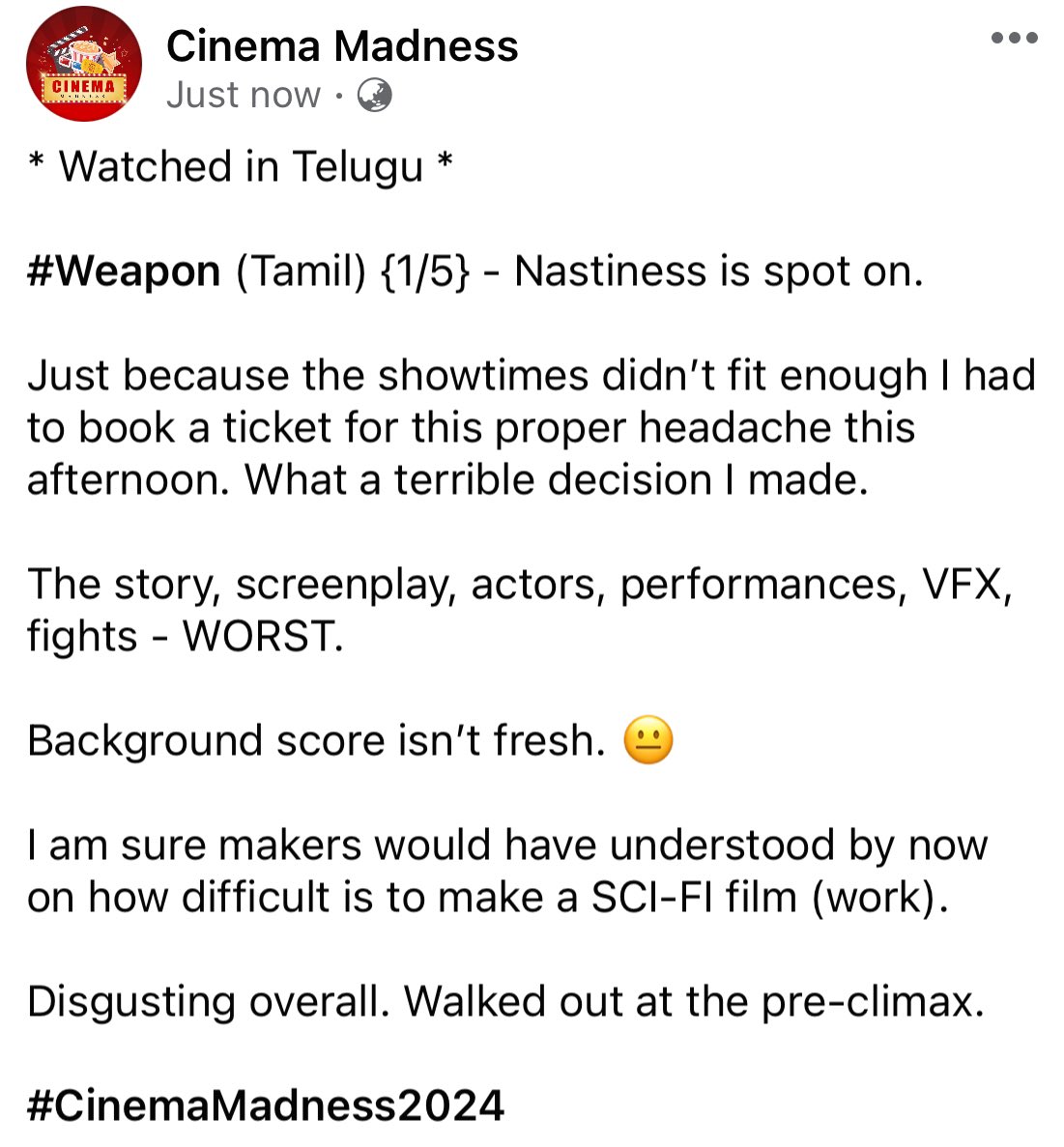 CinemaMadness24's tweet photo. #Weapon (Tamil) {1/5} - Nastiness is spot on.
#WeaponReview https://t.co/wtaaDQOkQ6