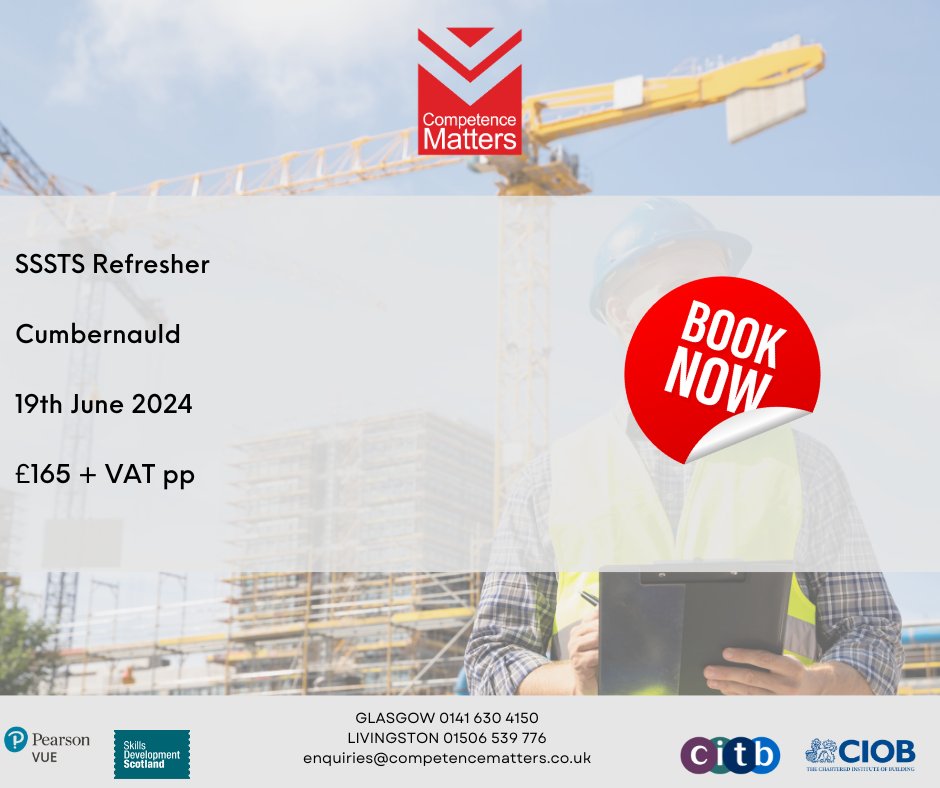 CompetenceMatte's tweet photo. 🚨SSSTS REFRESHER IN JUNE 🚨

We have a SSSTS Refresher running at our Cumbernauld Training Centre on 19th June 2024!👷

Get in touch and secure your place🫵

📞 Glasgow: 0114 630 4150
📞 Livingston: 01506 539 776
📩 enquiries@competencematters.co.uk
🌐 https://t.co/90vxQTZPj5 https://t.co/KGVKiQCMFp