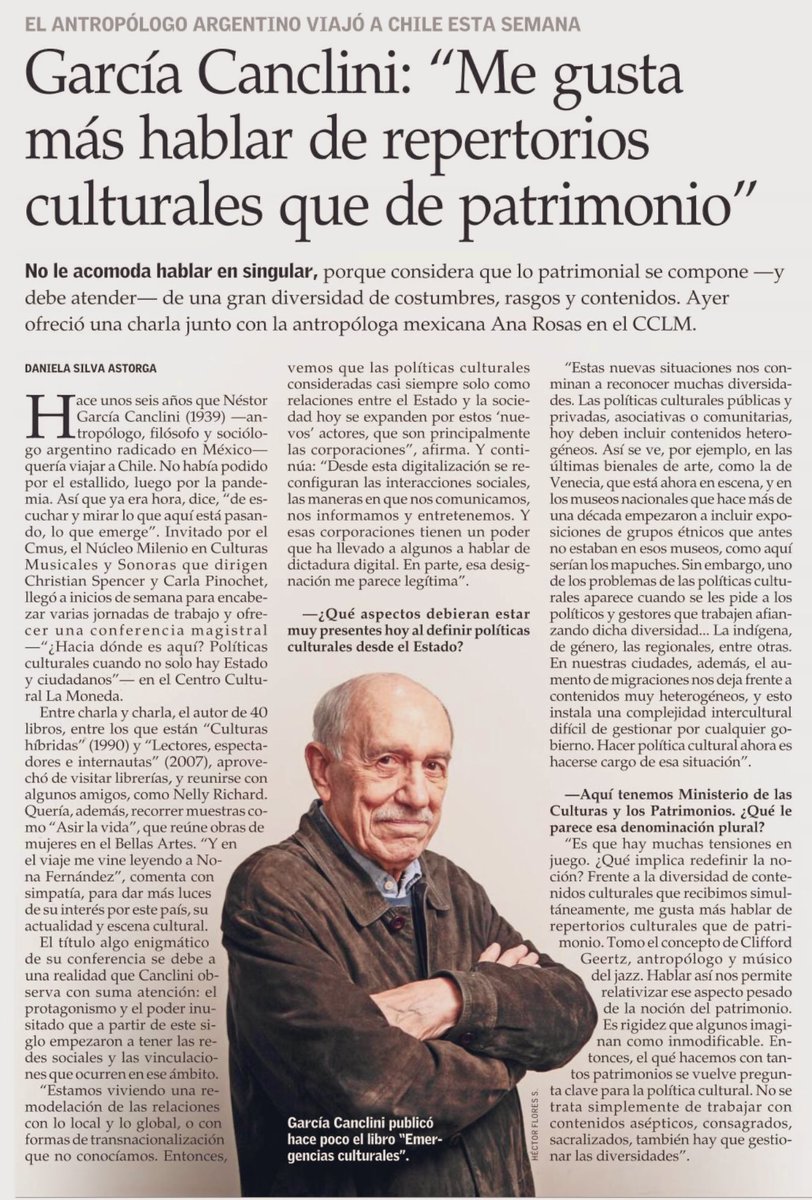El siempre sabio repertorio de Néstor García Canclini: “las políticas culturales deben incluir contenidos heterogéneos”. <a href="/CCPLM/">Centro Cultural La Moneda</a> <a href="/carlaasecas/">C.</a> <a href="/TPeters_N/">Tomás Peters</a> <a href="/cantoine/">Cristian Antoine</a> <a href="/Bnegronmar/">Barbara Negron</a> <a href="/fretamal1974/">fabian retamal</a> <a href="/opc_chile/">OPC</a> <a href="/javiparada/">javiera parada</a> <a href="/lcruzcoke/">Luciano Cruz-Coke - SENADOR RM</a>