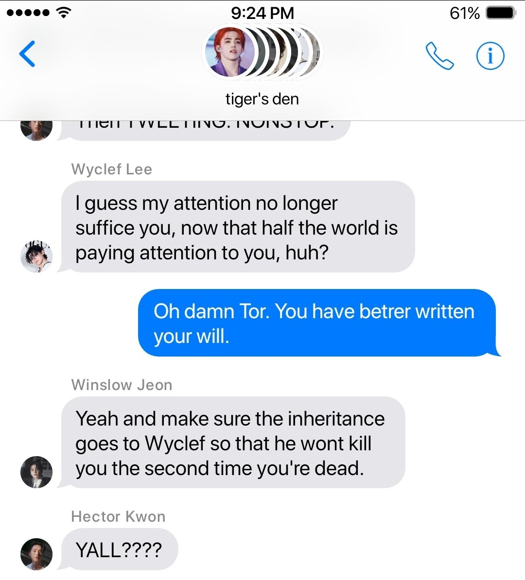 19
男の子たちに会いましょう!!!
キャラクターがアンロックされました!性別も追加されました!
セバスチャン - CSC/A
マシュー - KMG/A
ワイクリフ - LJH/B
ウィンスロー - JWW/O
ヴァーノン/Aとしての