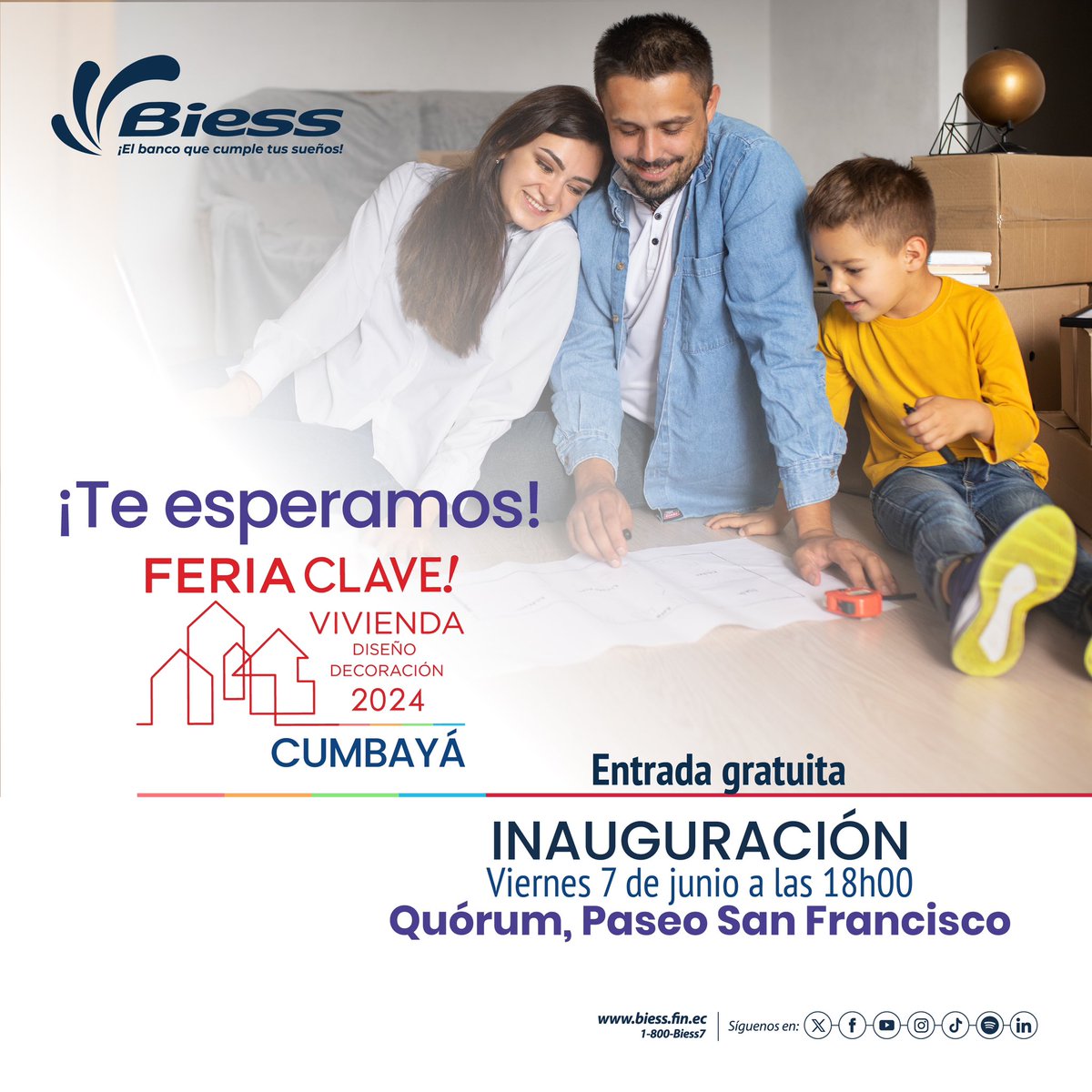 ¿Estás en la búsqueda de tu hogar? Visita nuestro stand en la Feria Clave Cumbayá 🗓️ Del 07 al 09 de junio ⏰ De 10h00 a 20h00 📲 Descarga tu entrada aquí: bit.ly/3W7kuKY #BiessCumpleTusSueños