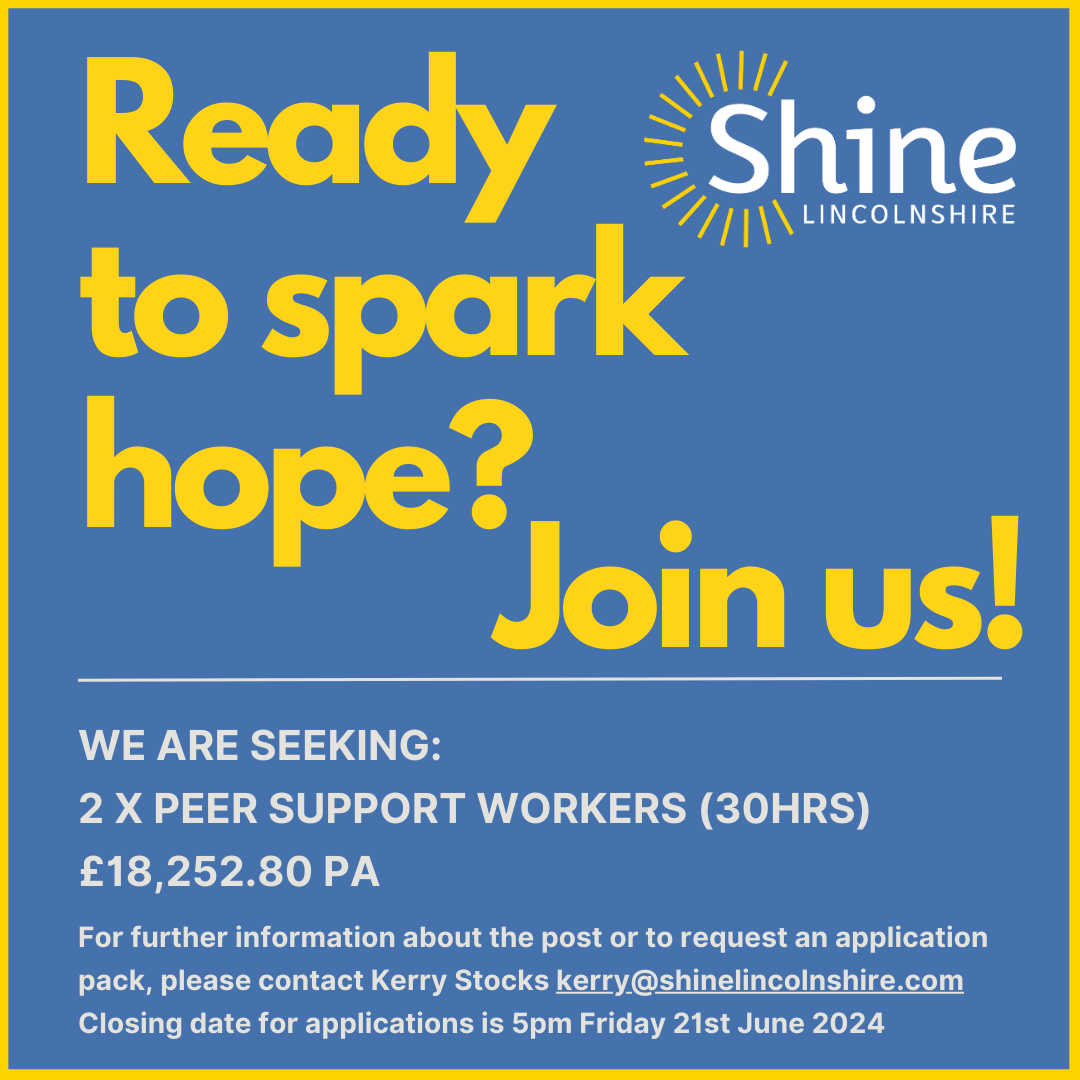 Shine Lincolnshire (@shine_lincoln) on Twitter photo 🔔Join us!🔔
2x Peer Support Worker vacancies across Lincoln City and Lincoln City North Area; LN2 4US.
Details👉tinyurl.com/3edtb77p
Questions/application pack 👉kerry@shinelincolnshire.com
⏰Closing date 5pm Fri 21st June
<a href="/LPFTNHS/">Lincolnshire Partnership NHS Foundation Trust</a> <a href="/NHSLincsICB/">NHS Lincolnshire ICB 💙</a> <a href="/LincolnshireCC/">Lincolnshire County Council</a>
#job #work 🔔Join us!🔔
2x Peer Support Worker vacancies across Lincoln City and Lincoln City North Area; LN2 4US.
Details👉tinyurl.com/3edtb77p
Questions/application pack 👉kerry@shinelincolnshire.com
⏰Closing date 5pm Fri 21st June
<a href="/LPFTNHS/">Lincolnshire Partnership NHS Foundation Trust</a> <a href="/NHSLincsICB/">NHS Lincolnshire ICB 💙</a> <a href="/LincolnshireCC/">Lincolnshire County Council</a>
#job #work