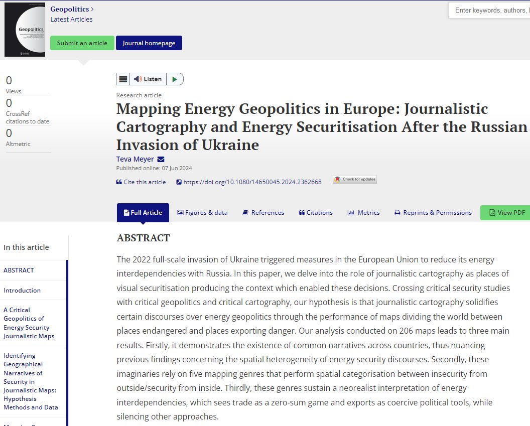 New paper out in <a href="/Geopolitics_Jl/">Geopolitics</a> ! Using Critical Geopolitics, Critical Cartography and Critical Security Studies, I discuss how maps published by EU newspapers since the invasion of Ukraine produce spatial imaginaries of what is energy geopolitics <a href="/UHA68/">UHA</a> tandfonline.com/eprint/KGX8MMZ…