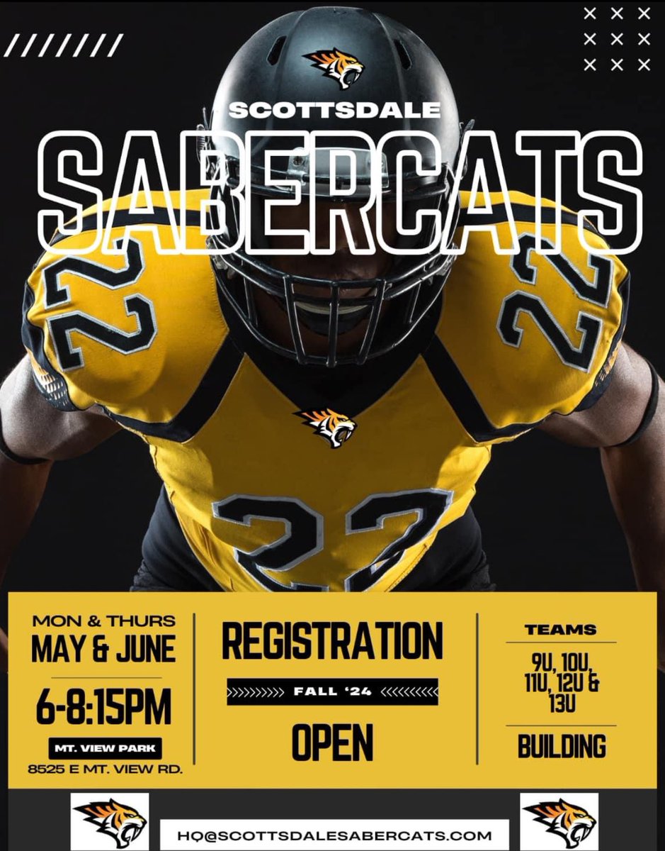 💥Premier youth tackle football!🏈
Open Registration for Fall 2024 season

Ages 9-12, full skill development.
Complete the Athlete Admission Form:
scottsdalesabercats.com/form/7066/Athl…

PLAY SMART
HIT HARD
NEVER QUIT