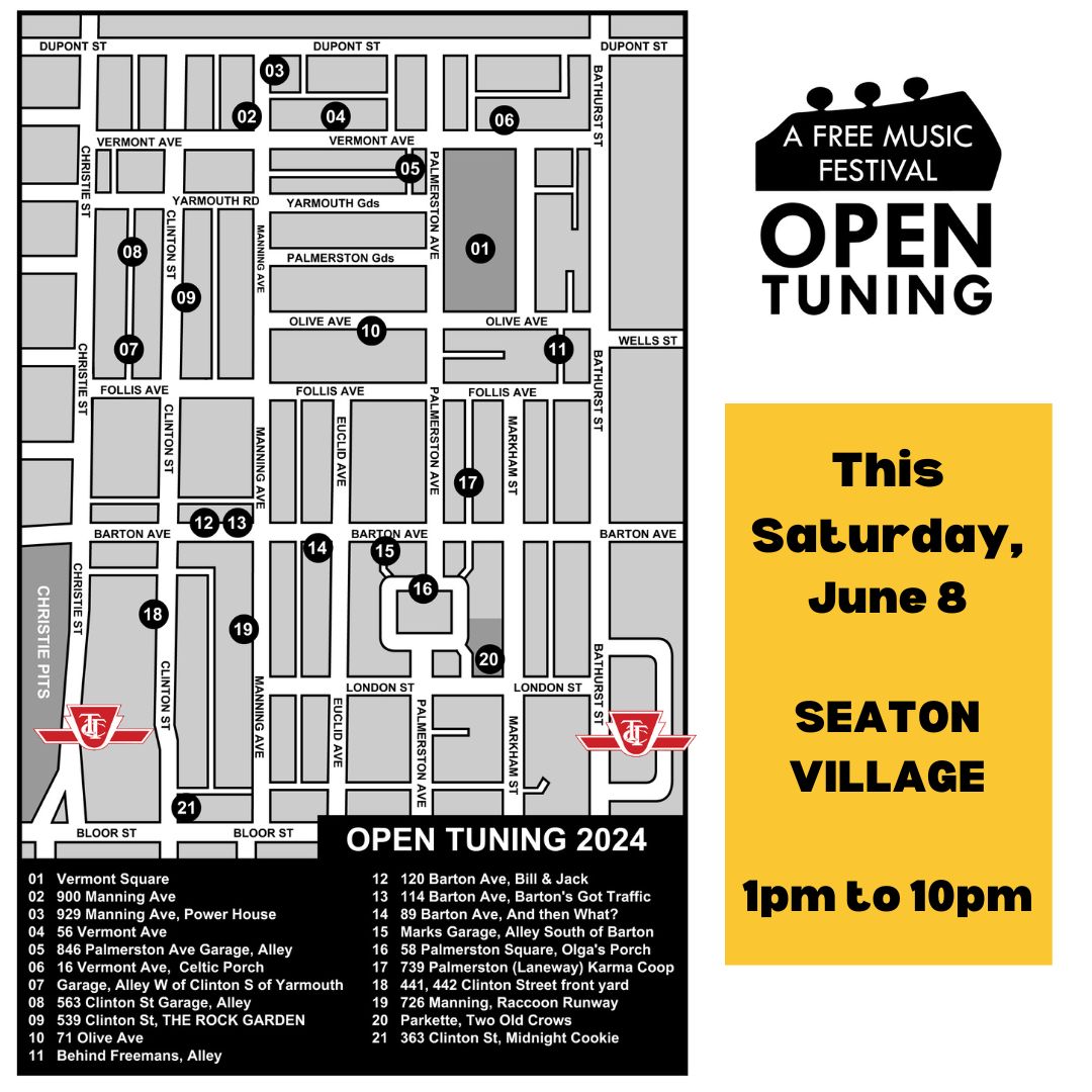 Look at all the venues! No matter where you are in Seaton Village, there will be music around the corner! The full Open Tuning  Schedule is available at opentuningfestival.wordpress.com/festival-sched…. See you tomorrow! #opentuning2024