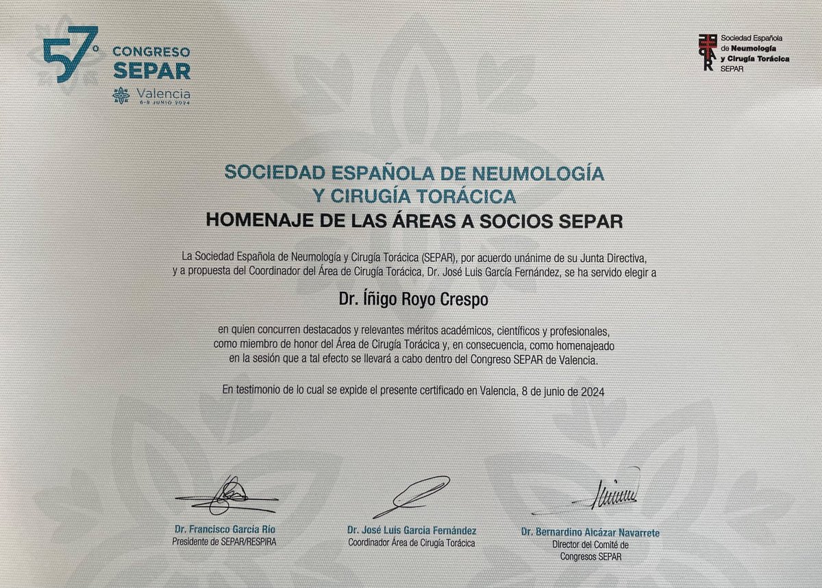Muy, pero que muy agradecido, que una sociedad científica como <a href="/SeparRespira/">SeparRespira</a> con más de 5500 socios y siendo la referencia de la patología respiratoria de habla hispana, haya decidido que sea merecedor de este homenaje. Mil gracias!