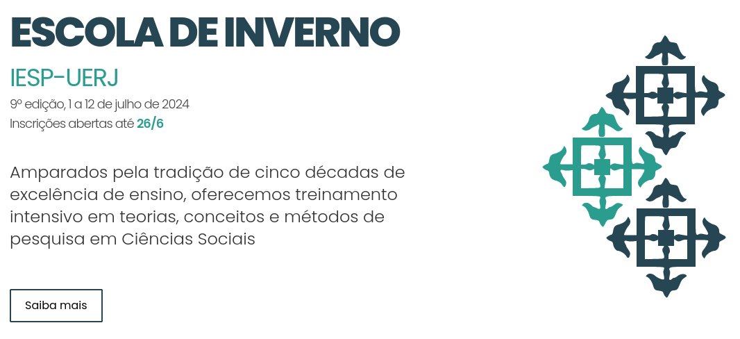 É com satisfação que anunciamos a 9º ed. da Escola de Inverno do IESP-UERJ, iniciativa que oferta treinamento de curta duração sobre diferentes técnicas de pesquisa, teorias e conceitos em Ciências Sociais.

Aqui o website do evento e um fio sobre: inverno.iesp.uerj.br 1/